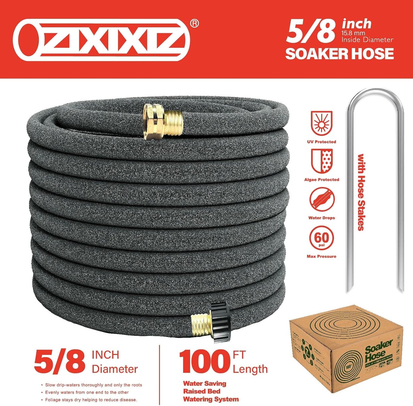 25FT 5/8-Inch Soaker Hose, Flexible with Solid Brass Connector, Leak-Resistant Watering System for Gardens & Vegetable Beds