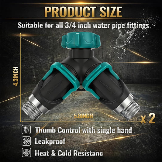 2pcs Garden Hose Splitter 2 Way Heavy Duty Connector, Faucet Y Splitter with Shut off Valve, Outdoor Water Spigot Bib Splitters Leak-proof Rust-resistant, Easy for Garden Landscaping 3/4 Inch