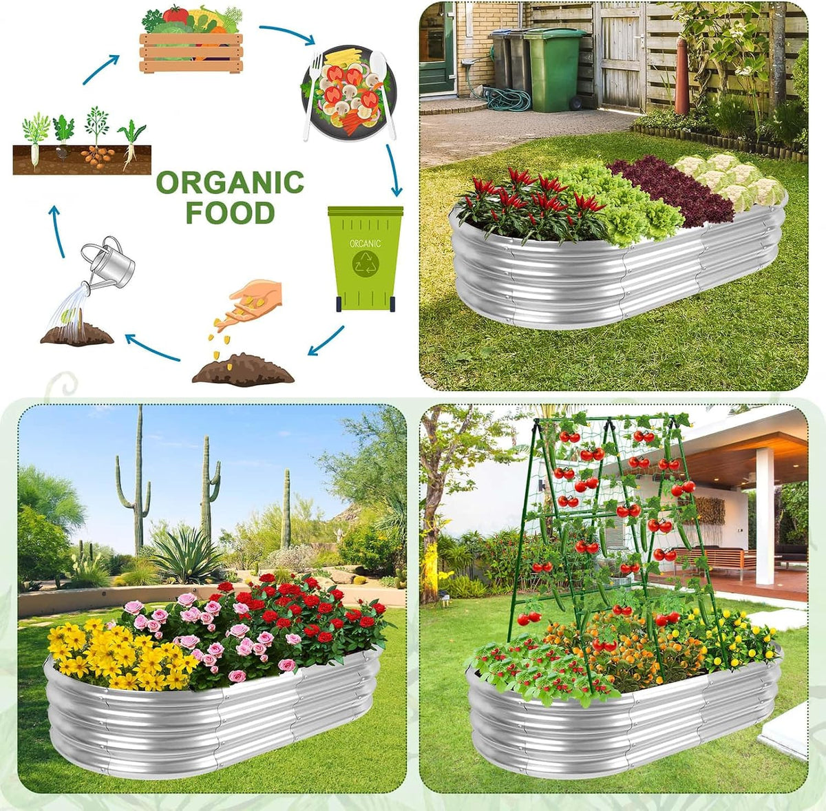 Galvanized Raised Bed with Cucumber Trellis, Garden Arch Trellis Outdoor Reusable A-Frame Metal Trellis with Trellis Net for Pea Vegetable Bean Grape Vines Flowers Climbing Plants Stand Support