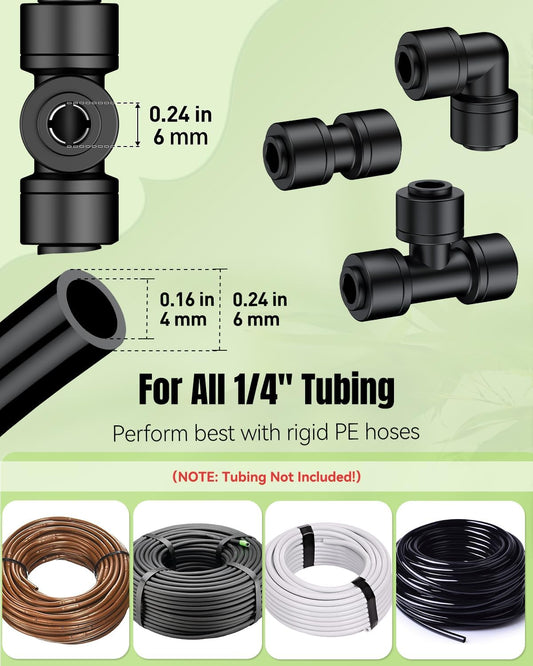 40 Pcs Quick Connect Drip Irrigation Fittings Kit for 1/4" Tubing, Push-to-Fit Drip Line Connectors Set with 10 Tees, 10 Couplings, 10 Elbows & 10 End Plugs, Anti-Leak Drip Irrigation Parts