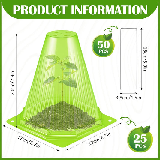 25PCS Garden Cloches for Plants with 50PCS Ground Stakes,Reusable Plant Bell Cover,Plastic Small Plant Seedling Protector Plants Cloches from Animals,Chickens, Birds,Snails & Frost,7.9" H X 6.7" D