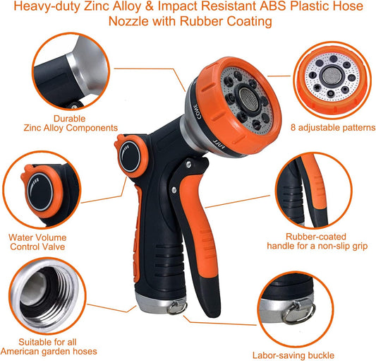 Garden Hose Nozzle Heavy Duty, High Pressure Adjustable 8 Patterns