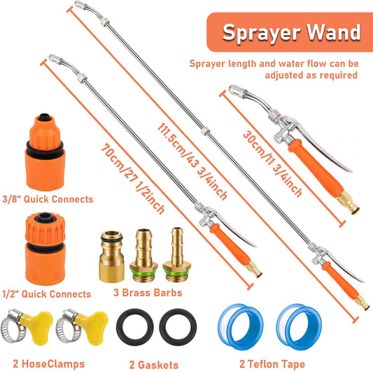 All Metal 44 Inch Replacement Sprayer Wand, Suitable for 1/2" Hose Quick Connector, 1/4" & 3/8" & 1/2" Brass Barb Sprayer Wand, Built-in Shut Valve Stainless Steel, W/2 Hose Clamps & 2 Rolls Raw Tape