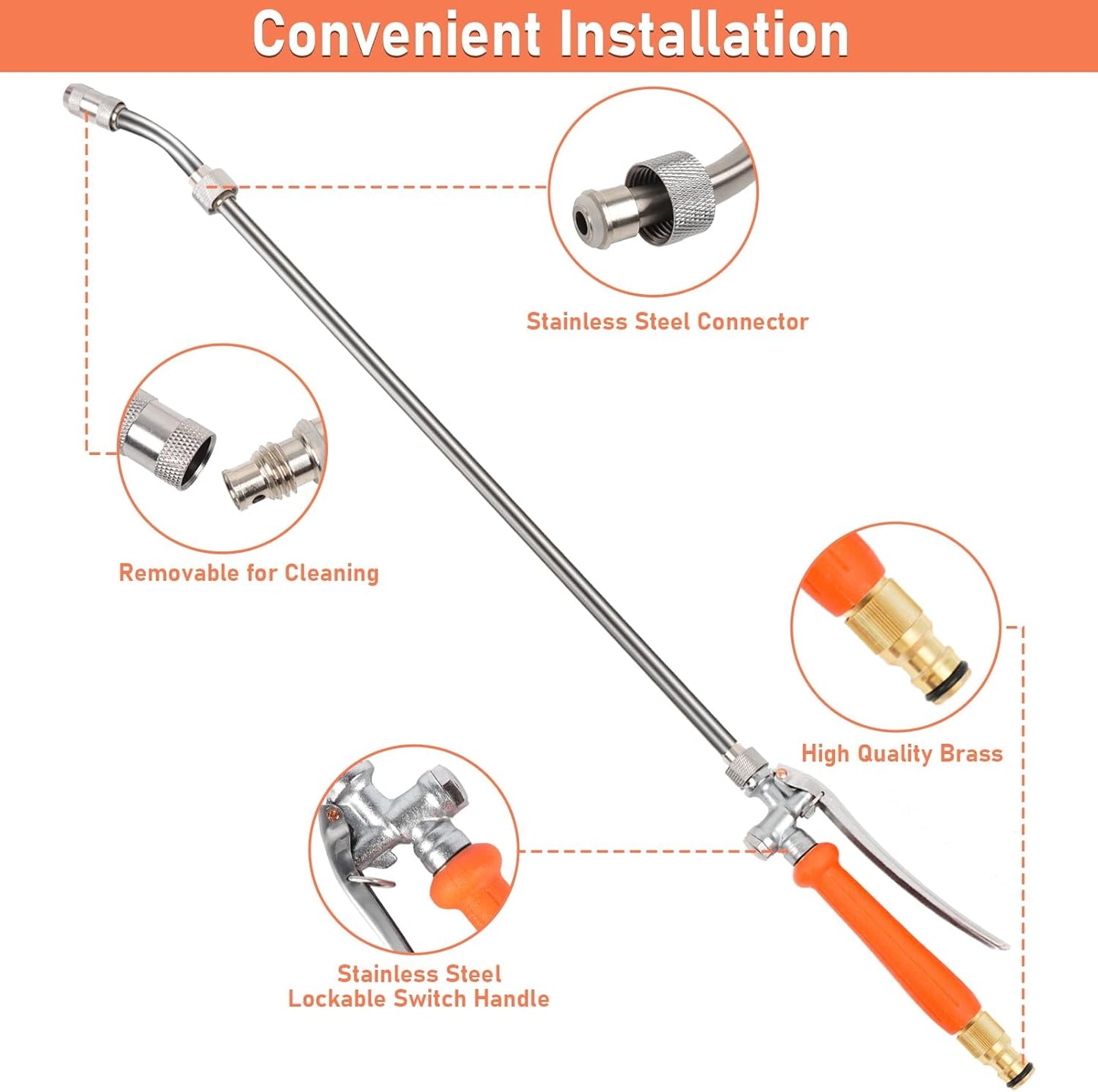 All Metal 44 Inch Replacement Sprayer Wand, Suitable for 1/2" Hose Quick Connector, 1/4" & 3/8" & 1/2" Brass Barb Sprayer Wand, Built-in Shut Valve Stainless Steel, W/2 Hose Clamps & 2 Rolls Raw Tape