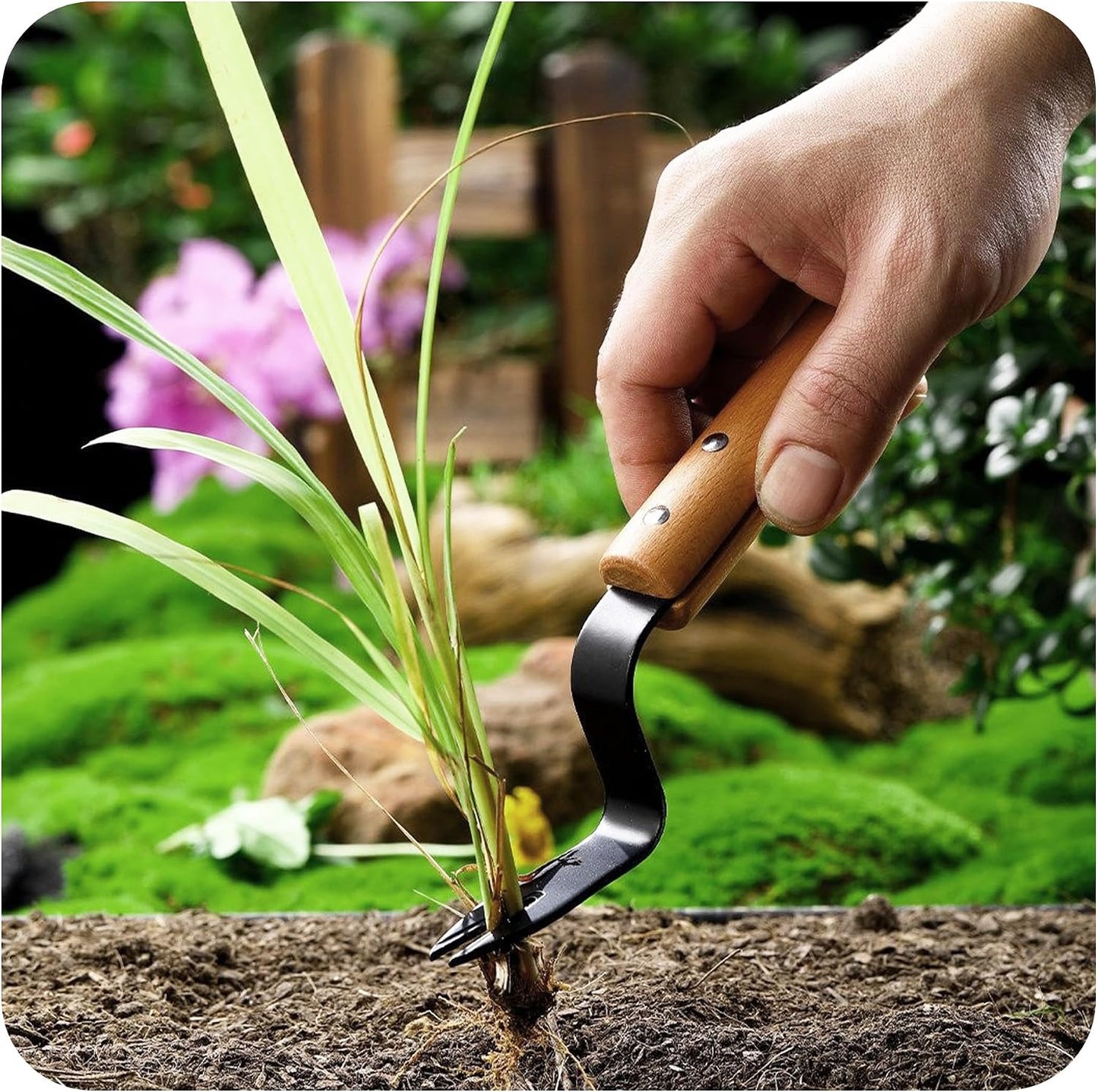 Hand Weeder Tool with Wood Handle, Stainless Steel Weed Remover for Lawns, Potted Plants, Cracks, Patios, Outdoor Garden(Style 1)