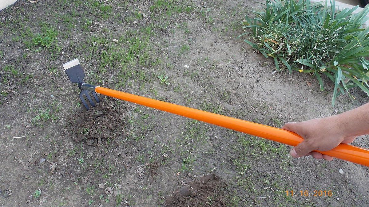 3-Prong Cultivator Hoe with Dual Heads for Weeding & Cultivating and Planting, Black, Garden Tool, Garden Hoe, Manual, American Fiberglass Handle. Assembled in USA.