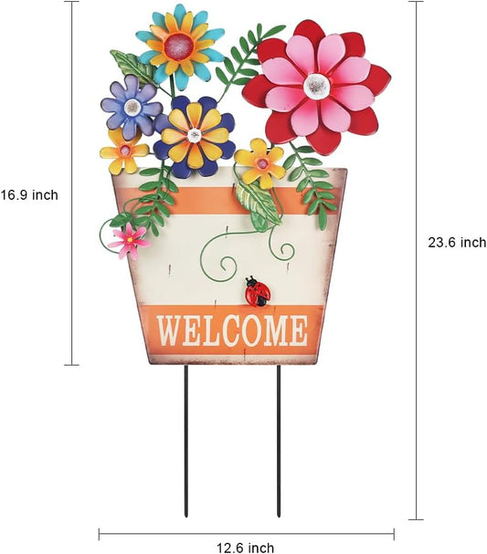 Garden Decor for Outside, Metal Flower Pot Decorative Garden Stakes with Flowers for Spring Decor, Yard Art Welcome Sign for Outdoor Garden Lawn Backyard Porch Patio Decorations