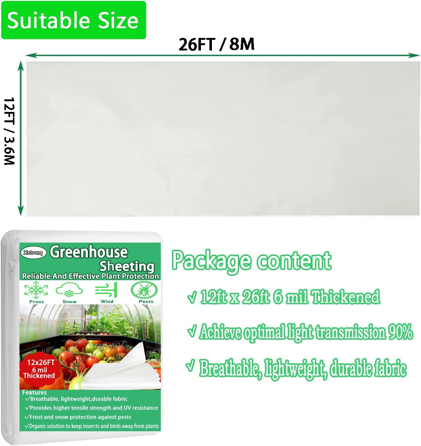 8x26 FT Greenhouse Plastic Sheeting, 6 Mil Clear Poly Film Cover