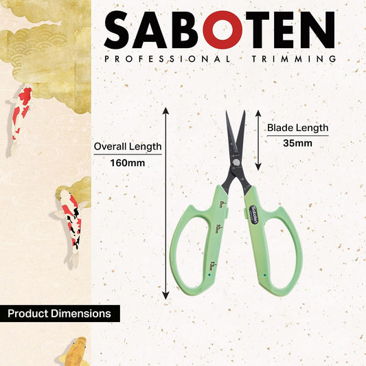 Saboten Fluorine Coated Angled Blade Trimming Scissors Green PT-2 160mm Precision Gardening Bonsai and Floral Shears Made in Japan