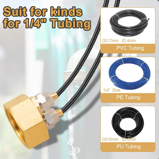 2 Pack Garden Hose Adapter, Solid Brass Standard 3/4" Female Thread to 1/4" Dual Tube Adapter for Water Hose,Convert 3/4" Garden Hose to 1/4" Tube