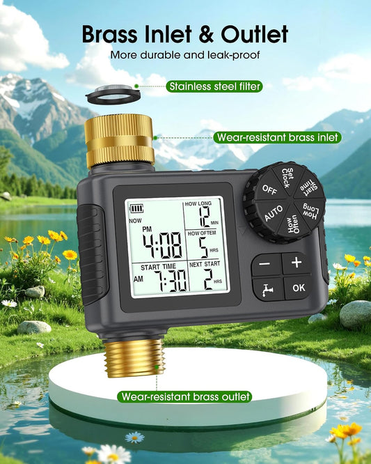 Water Timer for Garden Hose with Brass Inlet & Outlet, 1 Outlet Sprinkler Timer with Auto/Manual/Rain Delay Mode, Large LCD Display, Easy Programming Hose Timers for Lawn Garden Yard Vacation Watering