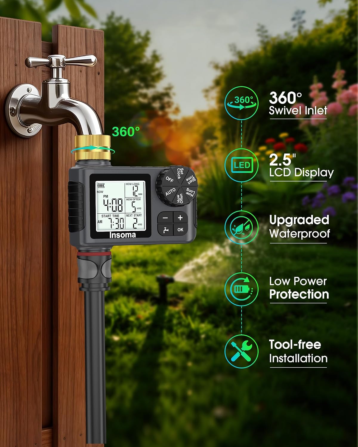 Water Timer for Garden Hose with Brass Inlet & Outlet, 1 Outlet Sprinkler Timer with Auto/Manual/Rain Delay Mode, Large LCD Display, Easy Programming Hose Timers for Lawn Garden Yard Vacation Watering
