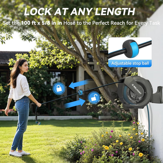 Retractable Garden Hose Reel, 5/8 in x 100 ft Wall Mount Heavy Duty Hose Reel with Any-Length Lock, Auto Rewind System, 180° Swivel Bracket, and 10-Pattern Nozzle for Garden, Dark Grey