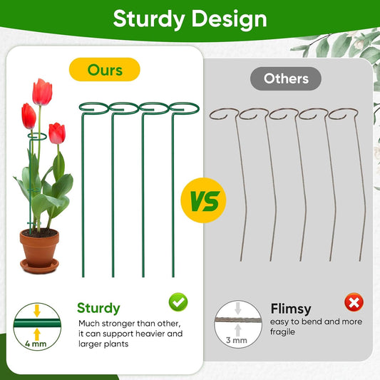 17 inch Plant Support Stakes, 4mm Thick Garden Single Stem Flower Support Stake Amaryllis Plant Cage Support Rings with 10 pcs Plant Clips for Tomato Orchid Lily Peony Rose Flower Stem-5 Pack