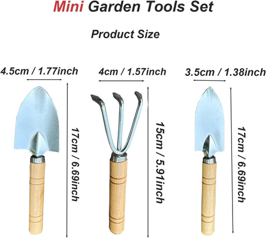 3 Pcs Mini Garden Tools Set Small Tiny Shovel Trowel and Hand Rake with Solid Wood Handle Indoor Gardening Tools for Pot Plants Succulent Bonsai