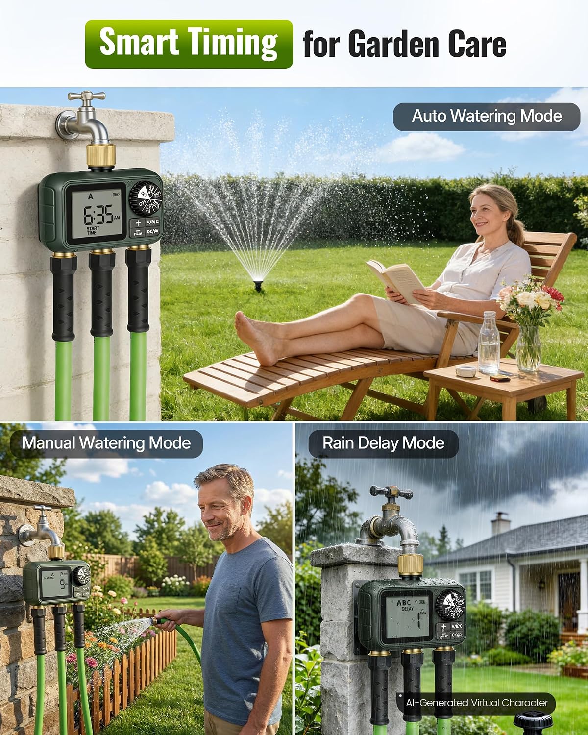 Brass Sprinkler Timer with Swivel, Programmable Water Timer for Garden Hose with Auto/Manual/Rain Delay Watering, Digital Irrigation System Kit,for Garden, Yard, Lawn 3 Outlet F13WT06