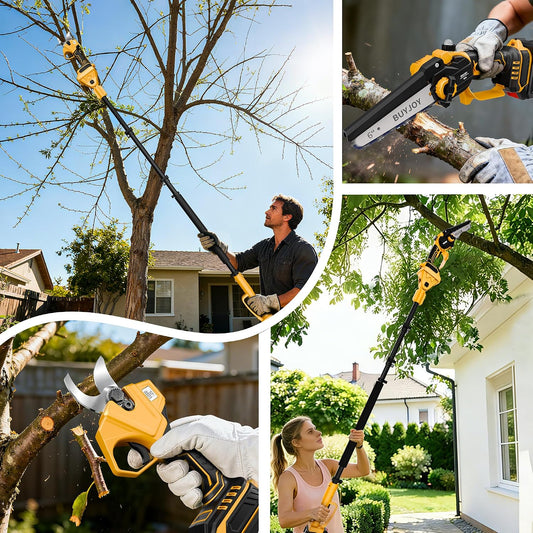 4-in-1 Pole Saw & Electric Pruning Shears, 1.4" Cutting Diameter Cordless Pruner, 6 Inch Chainsaw for Tree Trimming, 9.5ft Max Extension Pole, 2 x 4.0Ah Batteries, Battery Powered Pole Saw for Garden
