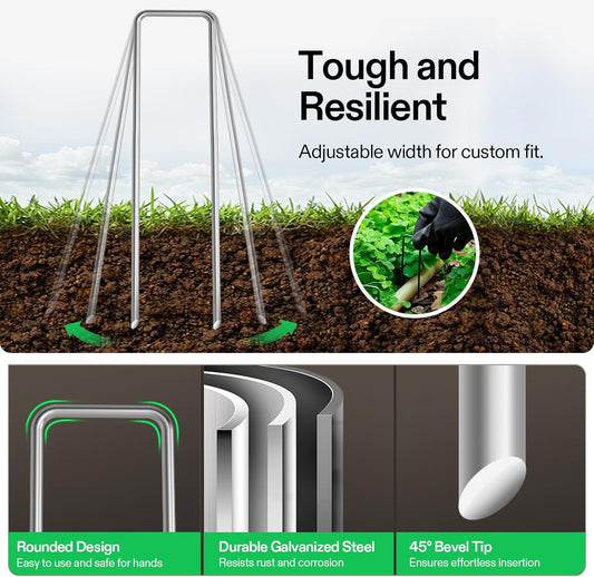 6 Inch 50-Pack Garden Stakes, Galvanized Steel Landscape Stapes 11 Gauge U-Shaped Pins for Weed Barrier Fabric, Ground Cover, Soaker Hose, Irrigation Tubing, Holding Fence
