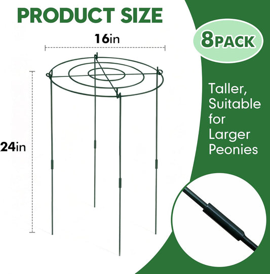 8 Pack 11.5" Dx24 H Pack Peony Cages Set Higher Peony Cages and Supports Heavy Duty Metal Plants Support Cage for Outdoor Green Support Rings for Flower Strawberry Tomato Hydrangeas