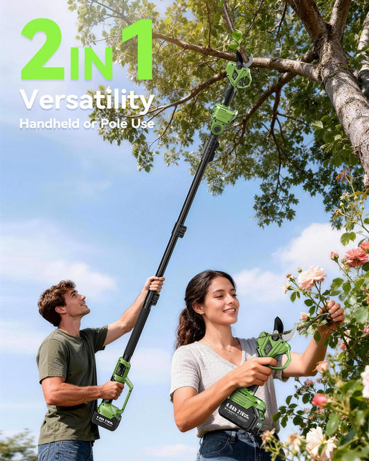 Electric Pruning Shears Cordless: 2-in-1 Electric Tree Pruner with Extension Pole, 21V 2×4.0Ah Battery Powered, 1.4" Cutting Diameter, Brushless Power Branch Cutter for Tree Trimming Gardening