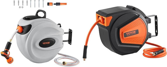 VEVOR Retractable Hose Reel, 100 ft x 1/2 inch, Garden Water Hose Reel with 9-Pattern Nozzle & Retractable Air Hose Reel, 3/8
