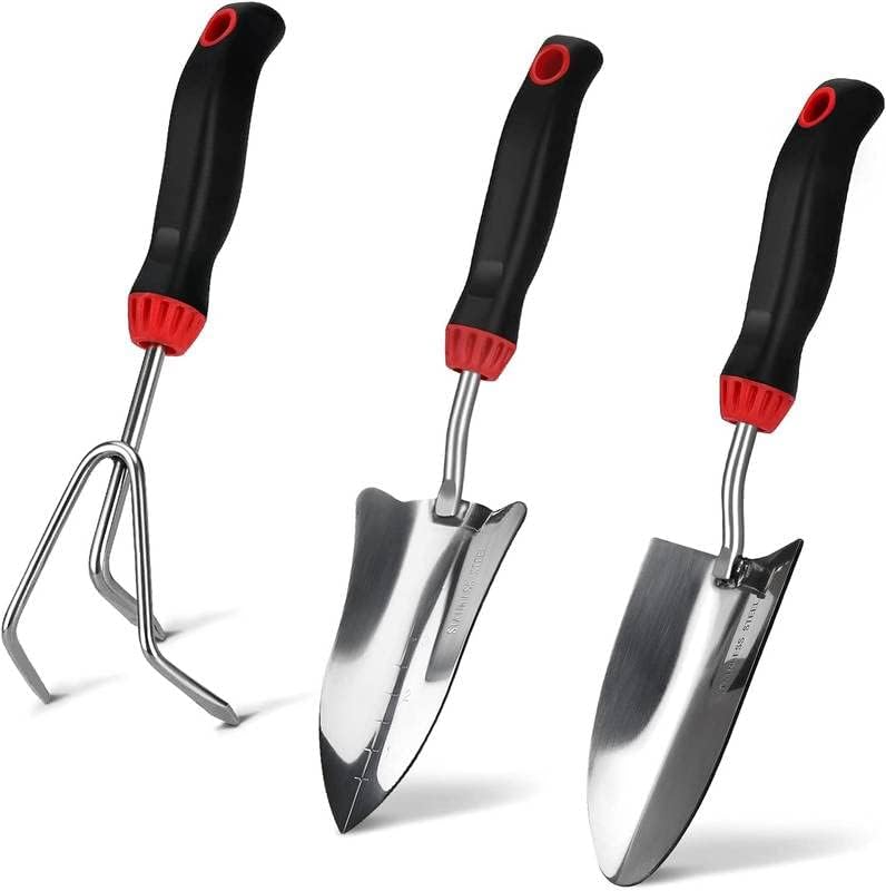 Garden Tool Set - 3 Piece Stainless Steel Heavy Duty Gardening Kit Includes Hand Trowel, Transplant Trowel and Cultivator Han