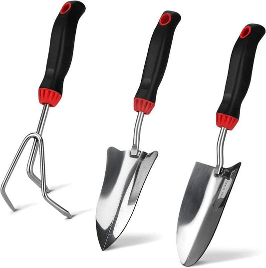 Garden Tool Set - 3 Piece Stainless Steel Heavy Duty Gardening Kit Includes Hand Trowel, Transplant Trowel and Cultivator Han