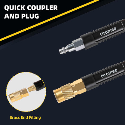 Hybrid Lead-in Air Hose 3/8 Inch x 6FT with 1/4"NPT Quick Coupler and Plug 300PSI Yellow Whip Compressor Hose Short