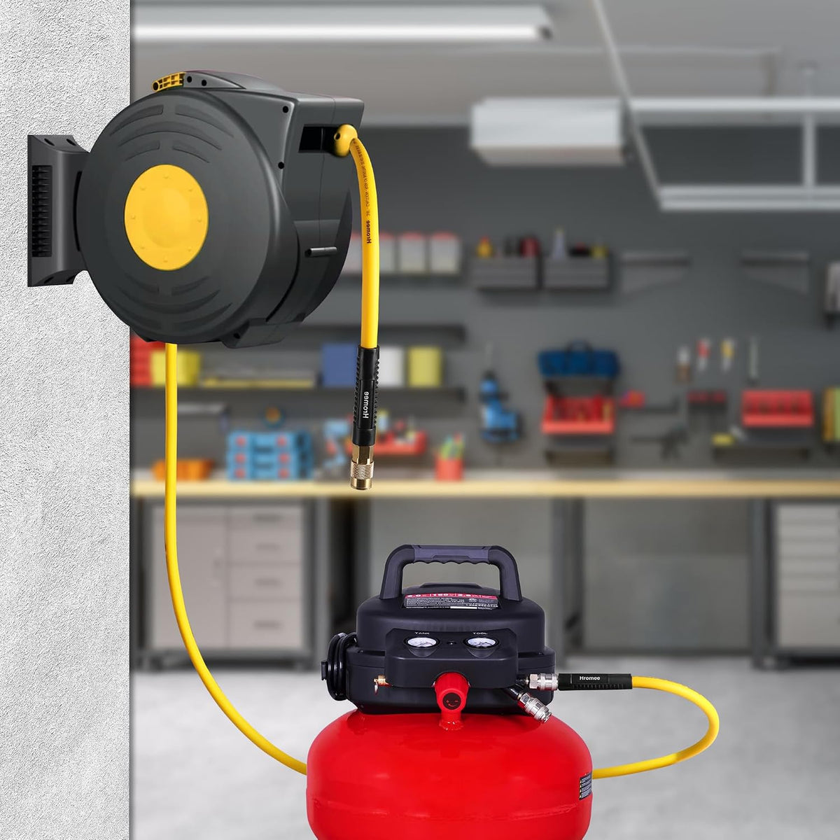 Hybrid Lead-in Air Hose 3/8 Inch x 6FT with 1/4"NPT Quick Coupler and Plug 300PSI Yellow Whip Compressor Hose Short