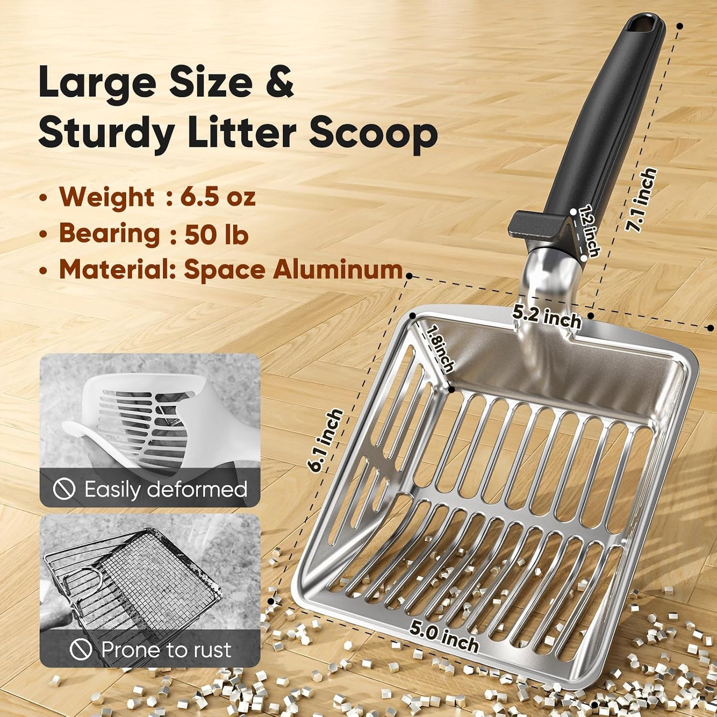 Large Metal Cat Litter Scoop w/ Deep Shovel, Dual-Size Holes & Hanging Hook