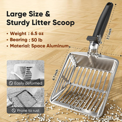 Large Metal Cat Litter Scoop w/ Deep Shovel, Dual-Size Holes & Hanging Hook