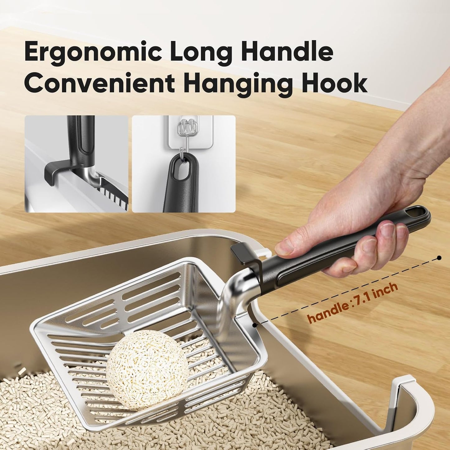Large Metal Cat Litter Scoop w/ Deep Shovel, Dual-Size Holes & Hanging Hook