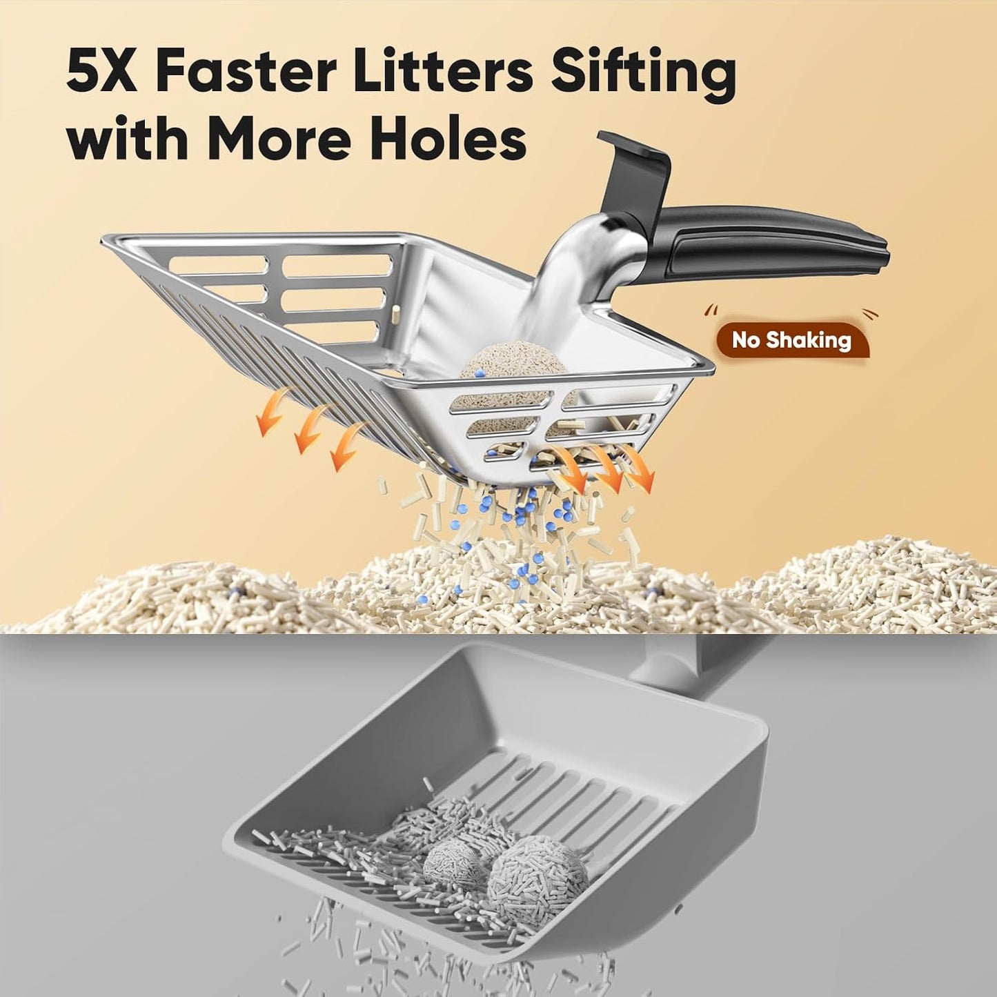 Large Metal Cat Litter Scoop w/ Deep Shovel, Dual-Size Holes & Hanging Hook