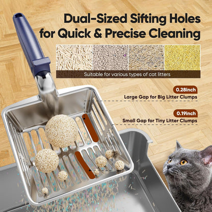 Large Metal Cat Litter Scoop w/ Deep Shovel, Dual-Size Holes & Hanging Hook