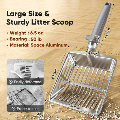 Large Metal Cat Litter Scoop w/ Deep Shovel, Dual-Size Holes & Hanging Hook