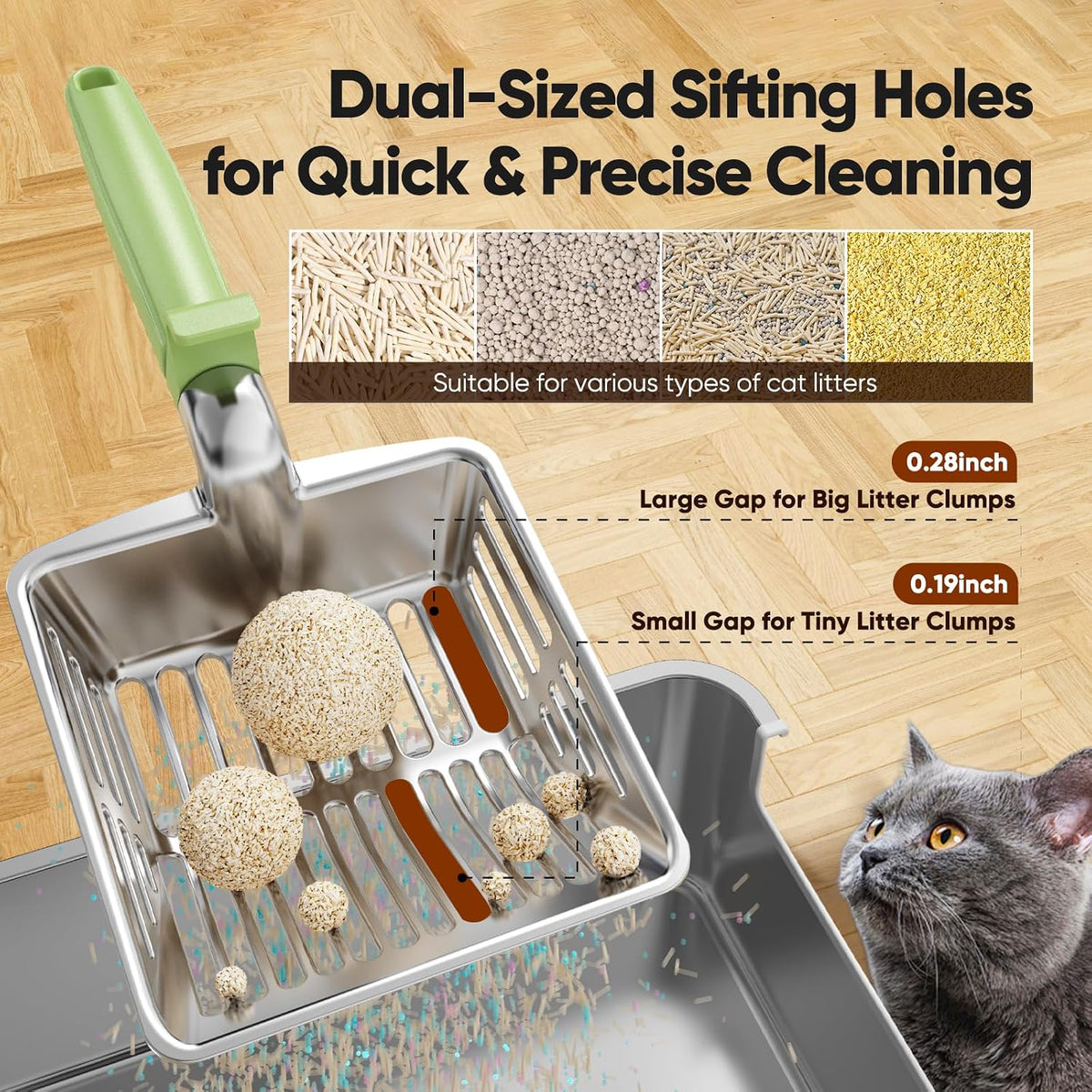 Large Metal Cat Litter Scoop w/ Deep Shovel, Dual-Size Holes & Hanging Hook