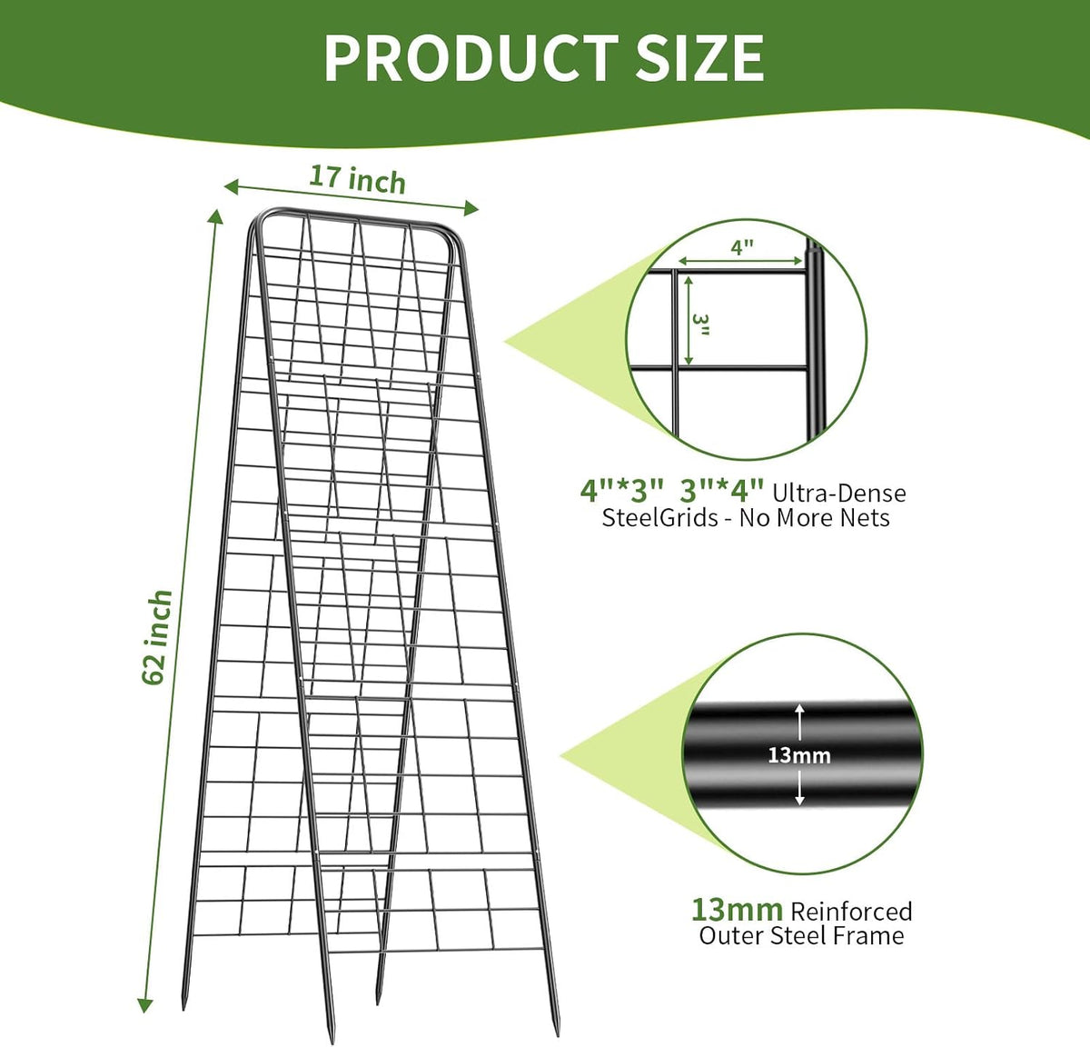 100% Metal Cucumber Trellis for Raised Bed,62"x17" A-Shape Garden Plant Support for Climbing Plants, Heavy Duty Metal Garden Trellises Plant Support for Vine Vegetables Outdoor (Black, 62x17inch(H*W))