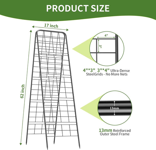 100% Metal Cucumber Trellis for Raised Bed,62"x17" A-Shape Garden Plant Support for Climbing Plants, Heavy Duty Metal Garden Trellises Plant Support for Vine Vegetables Outdoor (Black, 62x17inch(H*W))