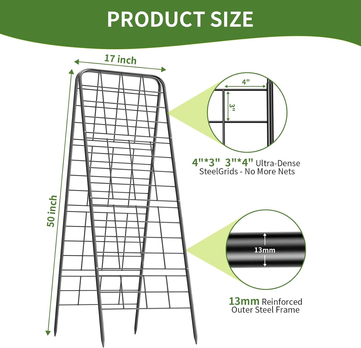100% Metal Cucumber Trellis for Raised Bed,62"x17" A-Shape Garden Plant Support for Climbing Plants, Heavy Duty Metal Garden Trellises Plant Support for Vine Vegetables Outdoor (Black, 62x17inch(H*W))