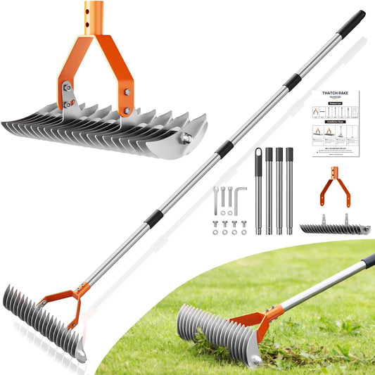 21-Tine Thatch Rake for Lawn,15" Heavy Duty Dethatcher Rake with 68" Handle