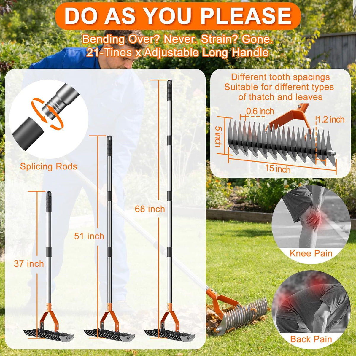 21-Tine Thatch Rake for Lawn,15" Heavy Duty Dethatcher Rake with 68" Handle