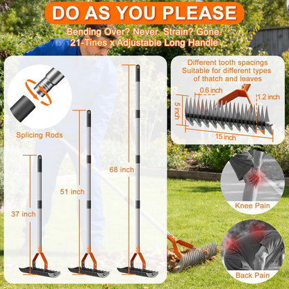 21-Tine Thatch Rake for Lawn,15" Heavy Duty Dethatcher Rake with 68" Handle