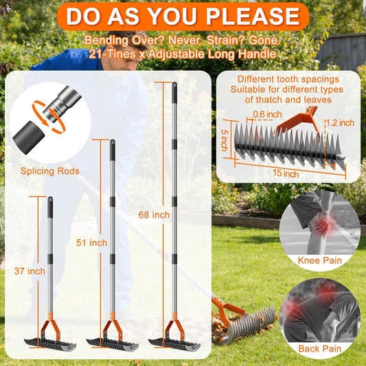 21-Tine Thatch Rake for Lawn,15" Heavy Duty Dethatcher Rake with 68" Handle