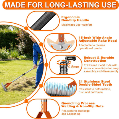 21-Tine Thatch Rake for Lawn,15" Heavy Duty Dethatcher Rake with 68" Handle