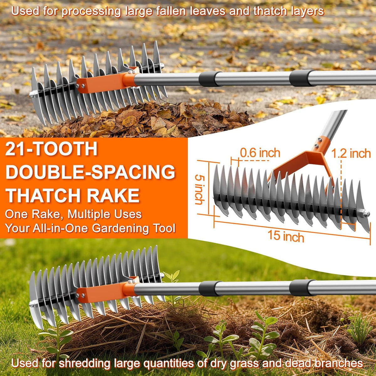 21-Tine Thatch Rake for Lawn,15" Heavy Duty Dethatcher Rake with 68" Handle