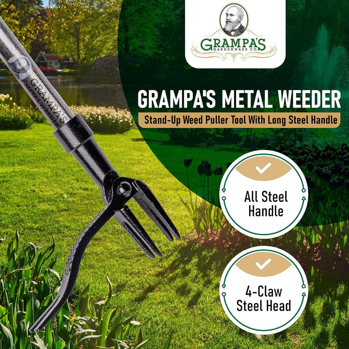 Stand Up Weed Puller Tool with Heavy-Duty Steel Handle