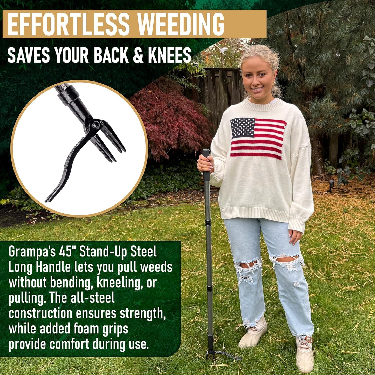 Stand Up Weed Puller Tool with Heavy-Duty Steel Handle