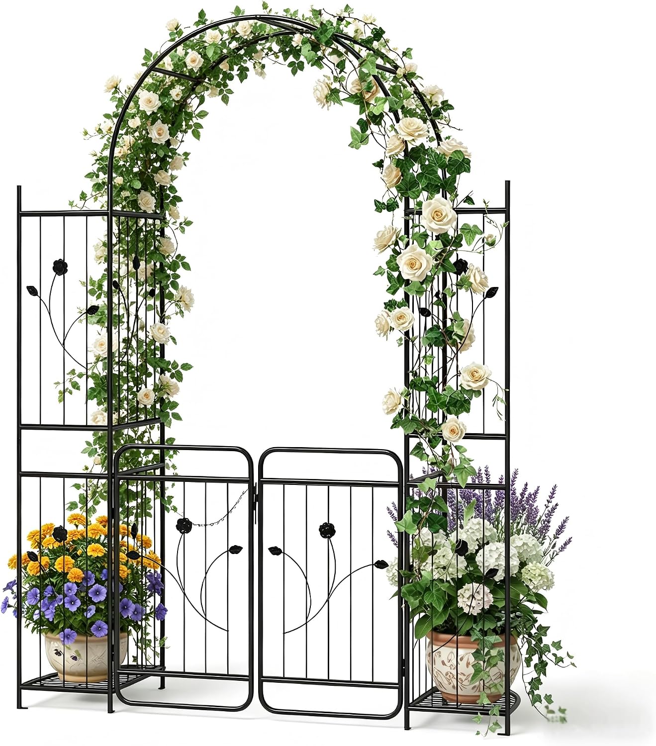 87-Inch Metal Garden Arch with Lockable Gate, Side Shelves, Black
