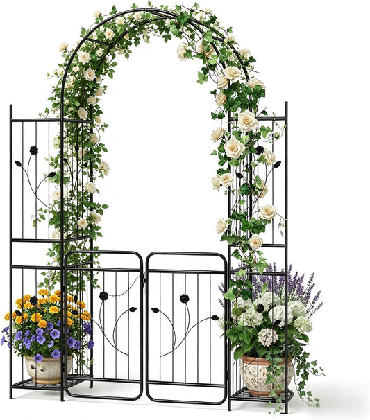 87-Inch Metal Garden Arch with Lockable Gate, Side Shelves, Black