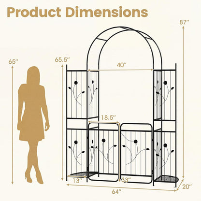 87-Inch Metal Garden Arch with Lockable Gate, Side Shelves, Black